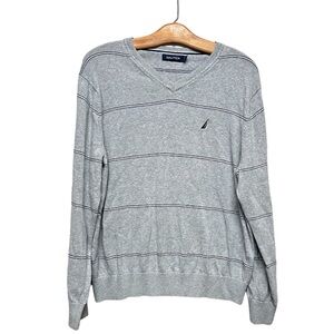 NAUTICA Pullover Sweater Men Size Large Gray Black Stripes Long Sleeve Soft Knit
